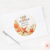 Zand Zeeschelpen Bloemen Rustiek Strand Bruiloft L Ronde Sticker (Envelop)