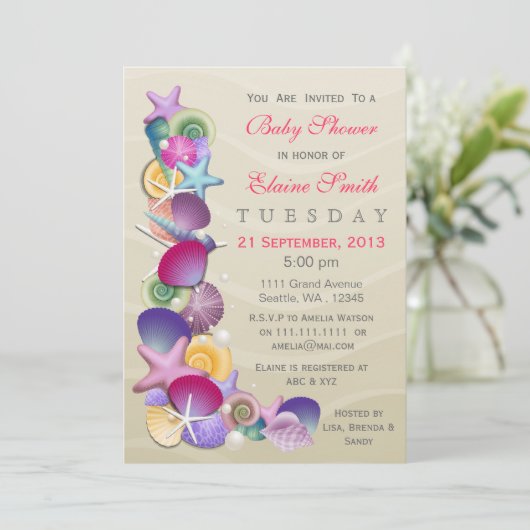 Zandachtig oceaanthema Roze Baby shower nodigt uit Kaart (Staand voorkant)