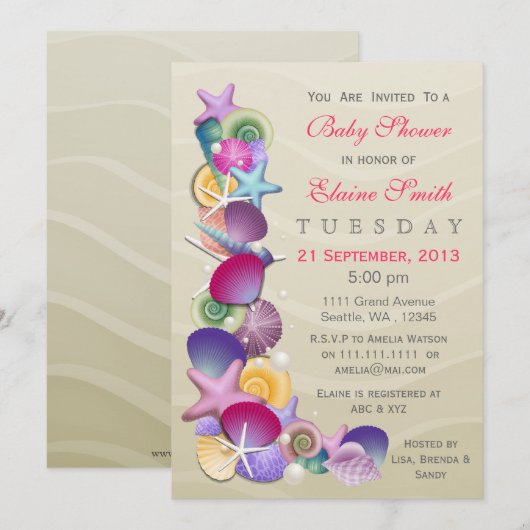 Zandachtig oceaanthema Roze Baby shower nodigt uit Kaart (Voorkant / Achterkant)