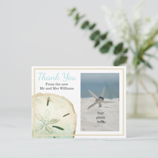 Zanddollar Bedankt Strand Foto Aankondigingskaart (Staand voorkant)