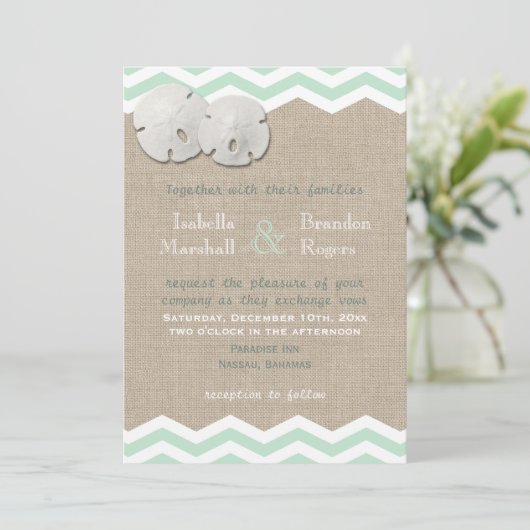 Zanddollar & Chevron bruiloft uitnodiging (Staand voorkant)