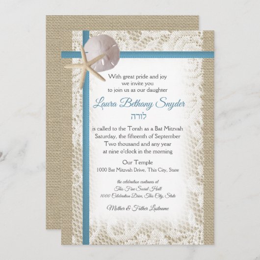 Zanddollar en kant Blue Bat Mitswa Kaart (Voorkant / Achterkant)