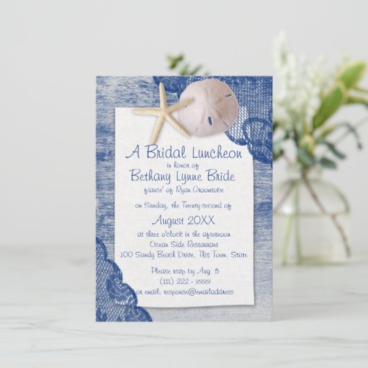 Zanddollar en Kanten Blauwe Bruiloftsdouche Kaart (Staand voorkant)