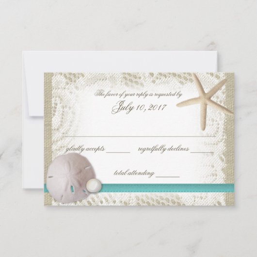 Zanddollar en parel respons RSVP kaartje (Voorkant)