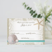 Zanddollar en parel respons RSVP kaartje (Staand voorkant)