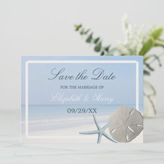 Zanddollar en staartroep save the date (Staand voorkant)