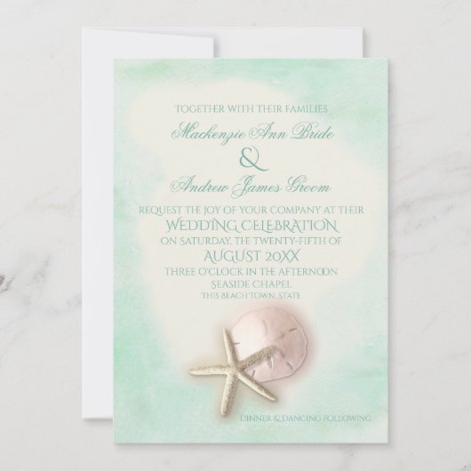 Zanddollar en Starfish Aqua Mint bruiloft Kaart (Voorkant)