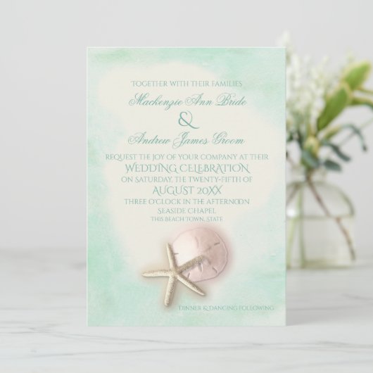 Zanddollar en Starfish Aqua Mint bruiloft Kaart (Staand voorkant)
