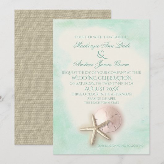 Zanddollar en Starfish Aqua Mint bruiloft Kaart (Voorkant / Achterkant)