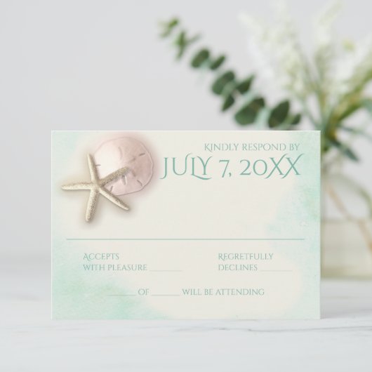 Zanddollar en Starfish Aqua Mint Respons RSVP Kaartje (Staand voorkant)