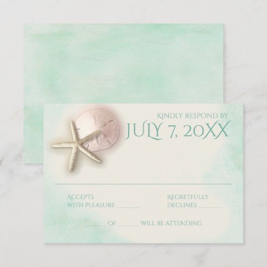 Zanddollar en Starfish Aqua Mint Respons RSVP Kaartje (Voorkant / Achterkant)