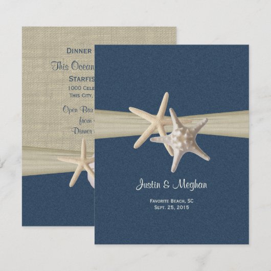Zanddollar en zeesterren Blue Burlap Receptie Kaart (Voorkant / Achterkant)