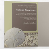 Zanddollar Kant,  Strand Bruiloft Drieluik Uitnodiging (Binnenzijde eerst)