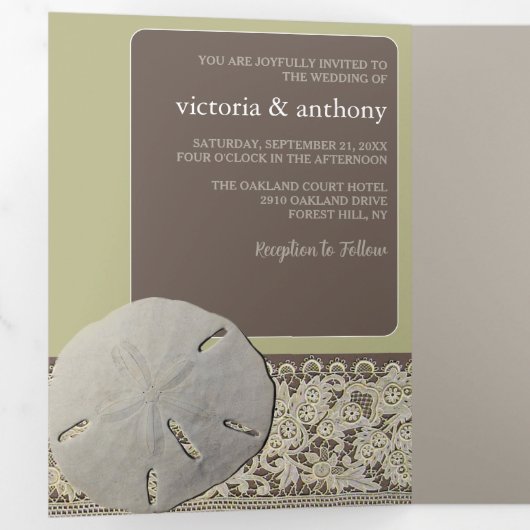 Zanddollar Kant,  Strand Bruiloft Drieluik Uitnodiging (Binnenzijde eerst)