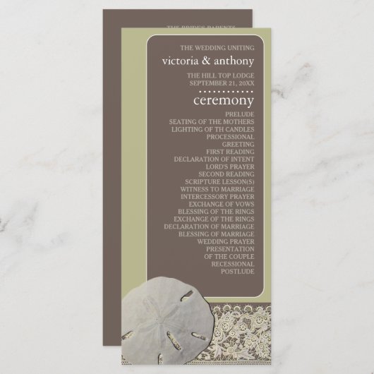 Zanddollar Kant,  Strand Bruiloft Programmakaart (Voorkant / Achterkant)