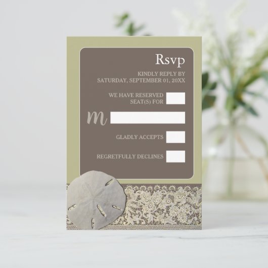 Zanddollar Kant,  Strand Bruiloft RSVP Kaartje (Staand voorkant)