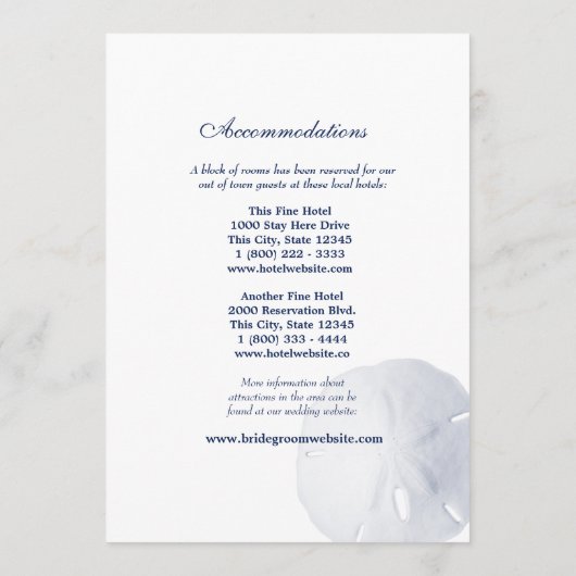 Zanddollar Navy Blauwe Trouw Itinerary Programmakaart (Achterkant)