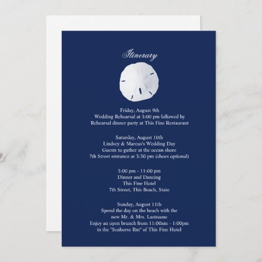Zanddollar Navy Blauwe Trouw Itinerary Programmakaart (Voorkant / Achterkant)