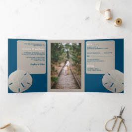 Zanddollar, Ocean Blue Beach Bruiloft Drieluik Uitnodiging