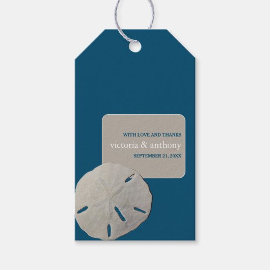 Zanddollar, Ocean Blue Beach bruiloft gunst Cadeaulabel (Voorkant)