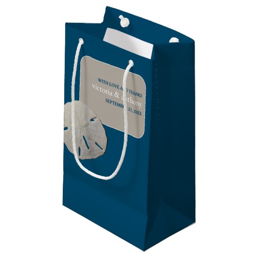 Zanddollar, Ocean Blue Beach bruiloft gunst Klein Cadeauzakje (Voorkant Gekanteld)