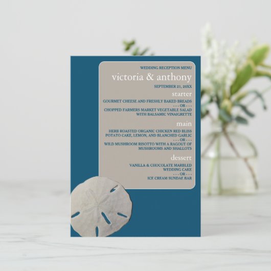 Zanddollar, Ocean Blue Beach Bruiloft Menu (Staand voorkant)