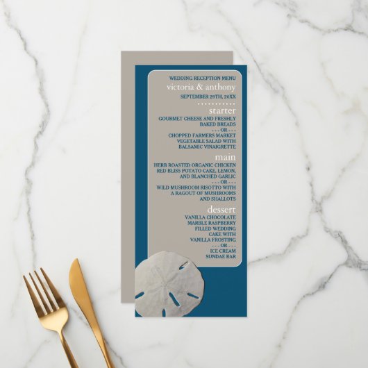 Zanddollar, Ocean Blue Beach Bruiloft Menu (Voorkant / Achterkant in situ)