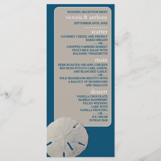 Zanddollar, Ocean Blue Beach Bruiloft Menu (Voorkant)