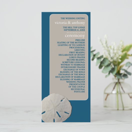 Zanddollar, Ocean Blue Beach Bruiloft Programmakaart (Staand voorkant)