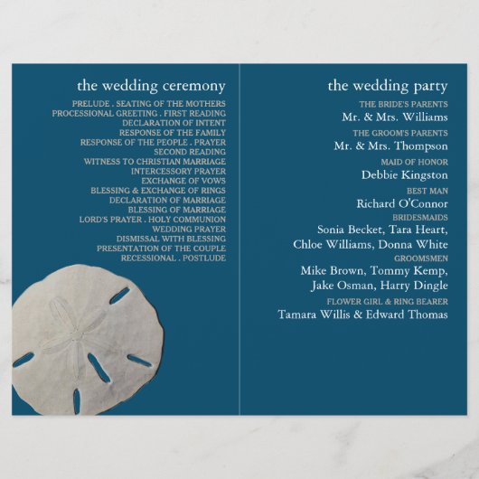 Zanddollar, Ocean Blue Beach huwelijksprogramma (Achterkant)