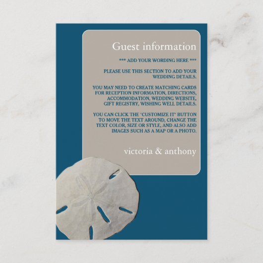 Zanddollar, Ocean Blue Beach Trouwdetail Informatiekaartje (Voorkant)