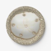 Zanddollar op glinsterend goud strandzand papieren bordje (Voorkant)