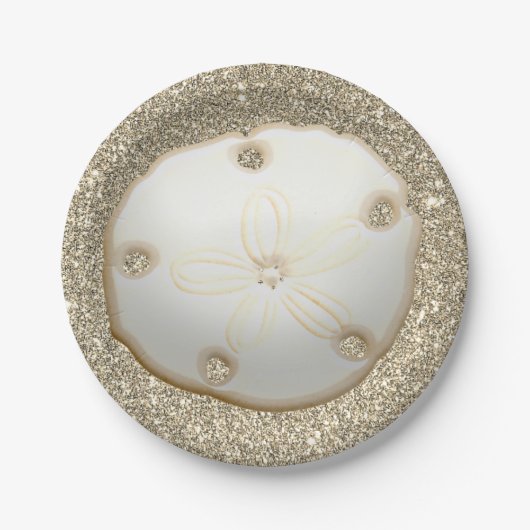Zanddollar op glinsterend goud strandzand papieren bordje (Voorkant)