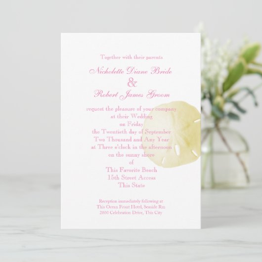 Zanddollar roze en gele bruiloft kaart (Staand voorkant)