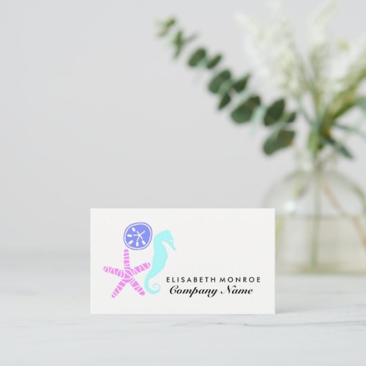 Zanddollar, zeeduivel, zeepaardje, reizen en toeri visitekaartje (Staand voorkant)