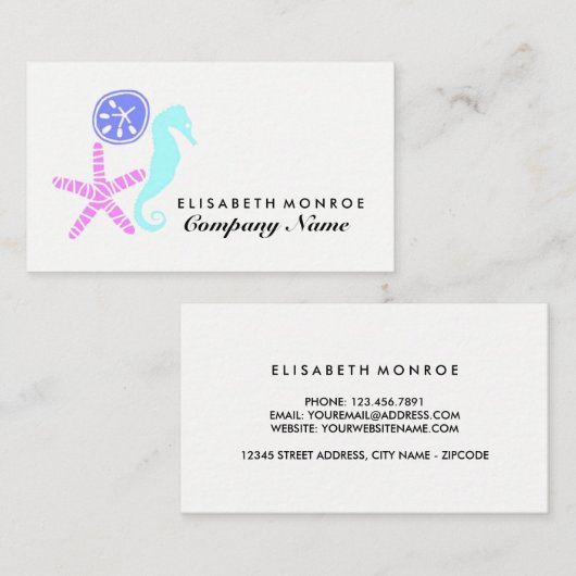 Zanddollar, zeeduivel, zeepaardje, reizen en toeri visitekaartje (Voorkant / Achterkant)