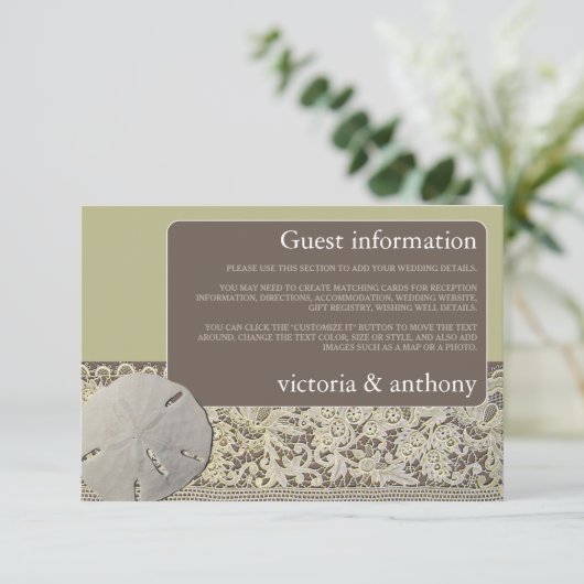 Zanddollarkant,  Strand Huwelijksdetail Informatiekaartje (Staand voorkant)