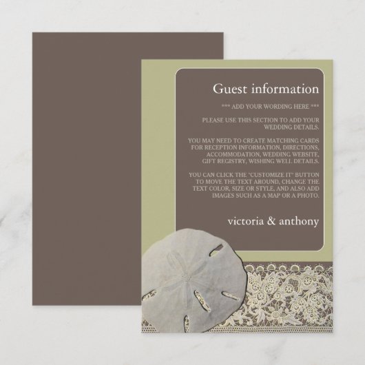 Zanddollarkant,  Strand Huwelijksdetail Informatiekaartje (Voorkant / Achterkant)