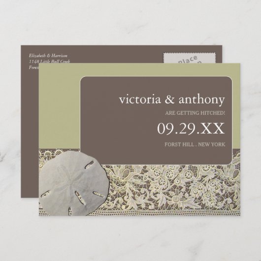 Zanddollarkant,  strand Save the Date Aankondigingskaart (Voorkant / Achterkant)