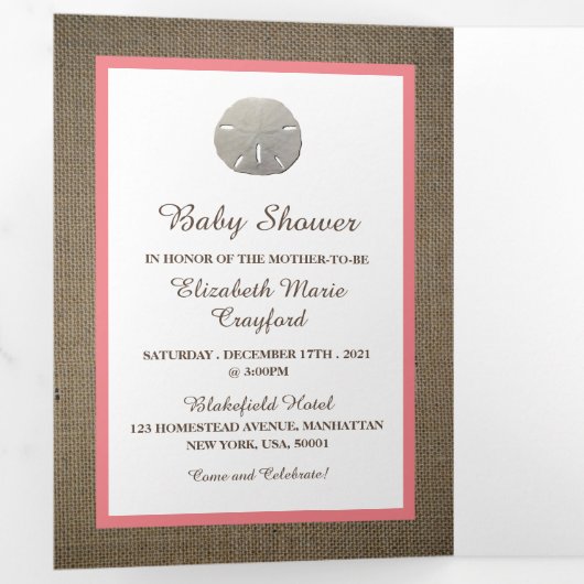 Zanddollars & Jute, Baby Strandfeest Suite Drieluik Uitnodiging (Binnenzijde eerst)