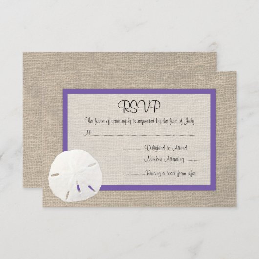 Zanddollastrand Beach Weddenschap RSVP kaart Paars (Voorkant / Achterkant)