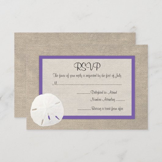 Zanddollastrand Beach Weddenschap RSVP kaart Paars (Voorkant / Achterkant)
