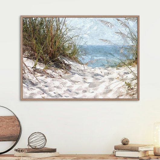 Zandduinen Strand Oceaan Waterverf Kunst Schildere Poster