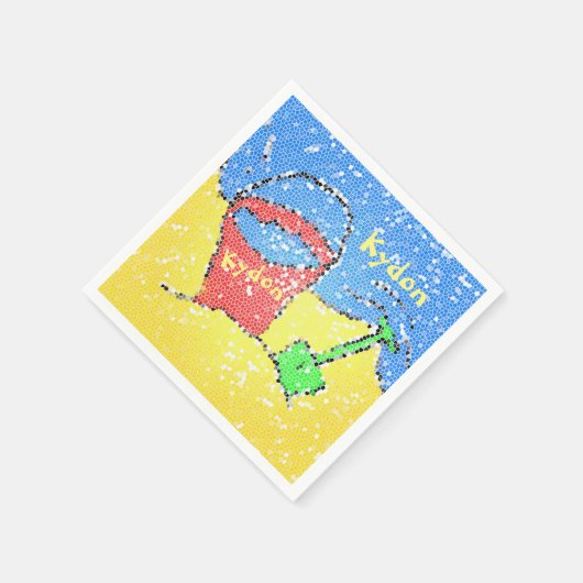 Zandemmer en schop strand geel rood blauw feest servet (Hoek)