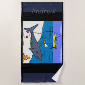 Zandhanddoek voor de cartoon van jonge vis en haai strandlaken (Voorkant)