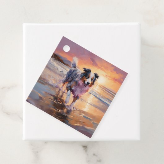 Zandige Australische Herder Hond op Strand Zonsond Bedankjes Labels (In situ)