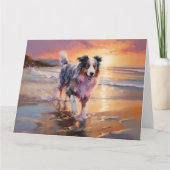 Zandige Australische Herder Hond op Strand Zonsond Kaart (Voorkant)