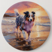 Zandige Australische Herder Hond op Strand Zonsond Ronde Button 6,0 Cm (Voorkant)