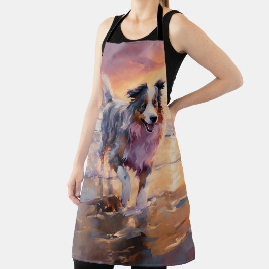 Zandige Australische Herder Hond op Strand Zonsond Schort (Insitu)