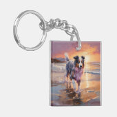 Zandige Australische Herder Hond op Strand Zonsond Sleutelhanger (Voorkant Links)